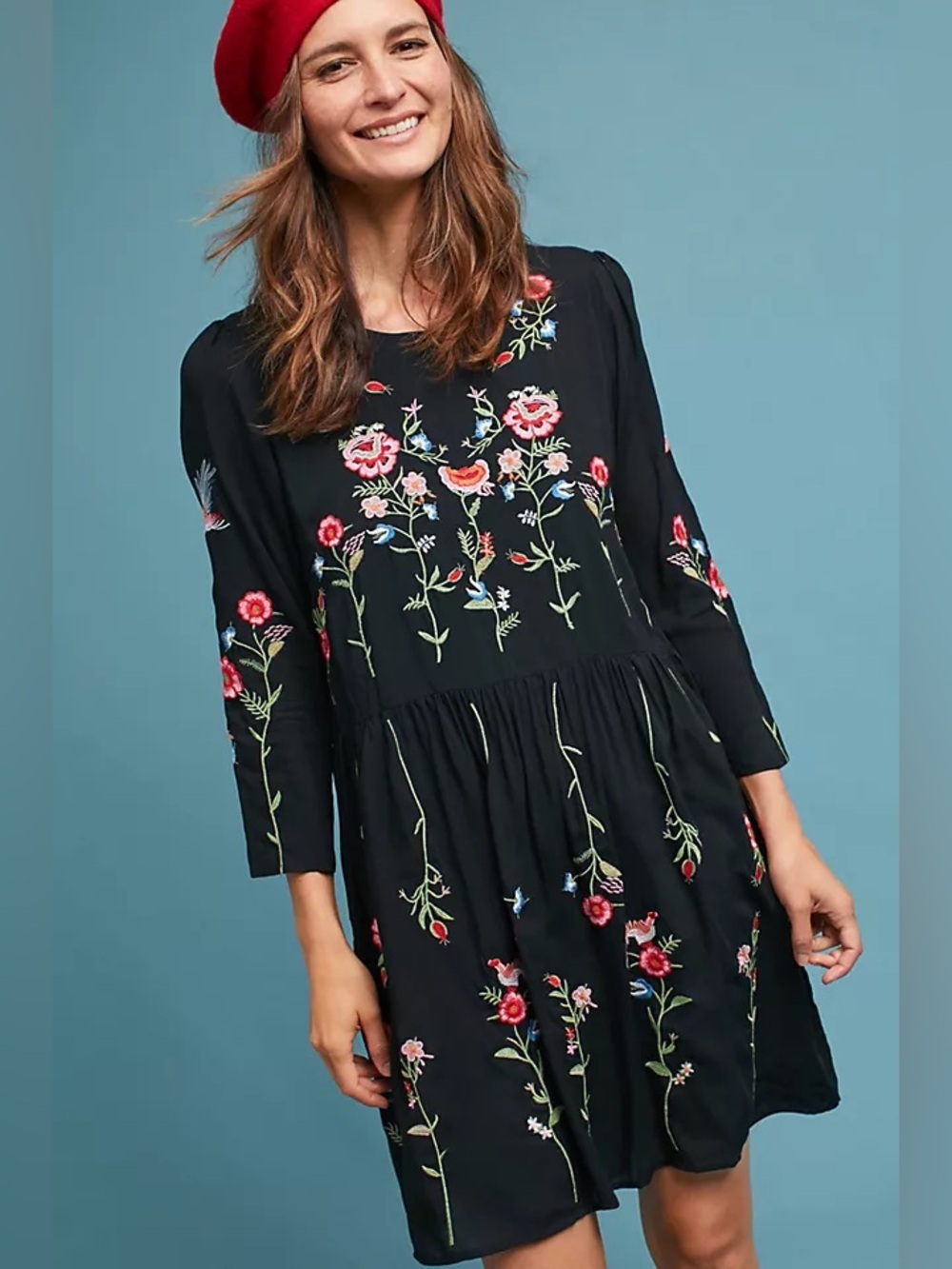 Maeve Black Floral Embroidered Long-Sleeve Dress